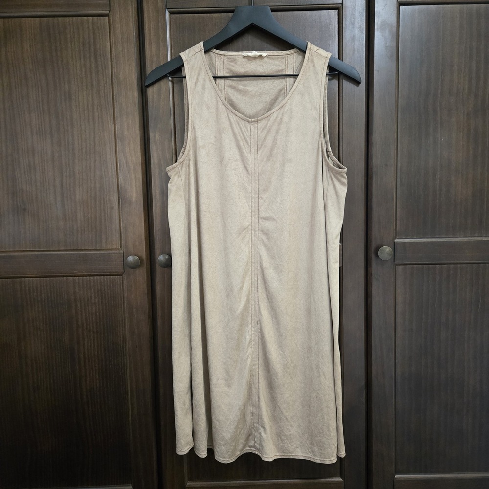 Hem &‎ Thread Faux Suede Sheath Dress Pleated Festival Hippie 70s Y2K Tan Large